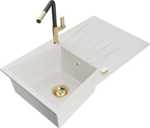 MEXEN/S Cesar granitový dřez 1-miska s odkapávačem včetně baterie Flora, bílá 6514-20-670401-57-G