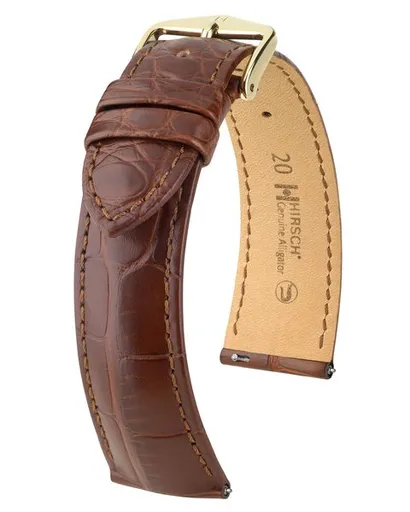 Řemínek Hirsch Genuine Alligator - hnědý, mat - 16 mm - M – Střední délka - 14 mm - Zlatá