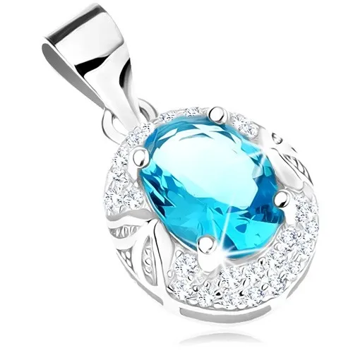 Přívěsek ze stříbra 925, světle modrý zirkonový ovál, čirý lem, lesklé lístky