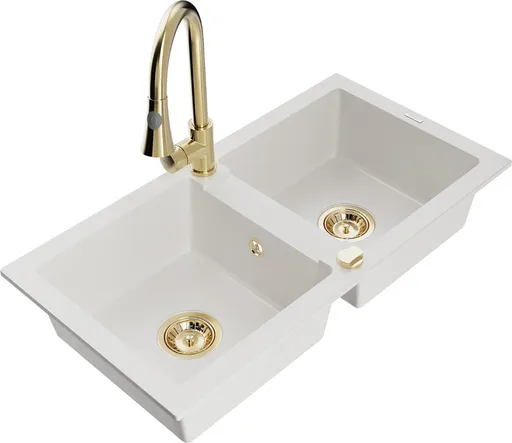 MEXEN/S Mario granitový dřez 2-bowl včetně baterie Elia, bílá 6504-20-670101-50