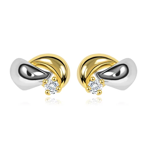 Zlaté 14K náušnice s blýskavým diamantem, dvoubarevné obloučky, puzetky