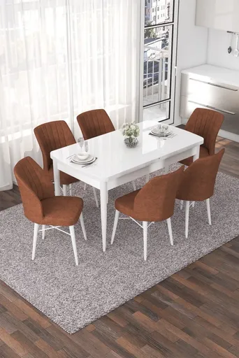 Extendable Dining Table & Chairs Set (7 Pieces) Nef - White, Tile Red