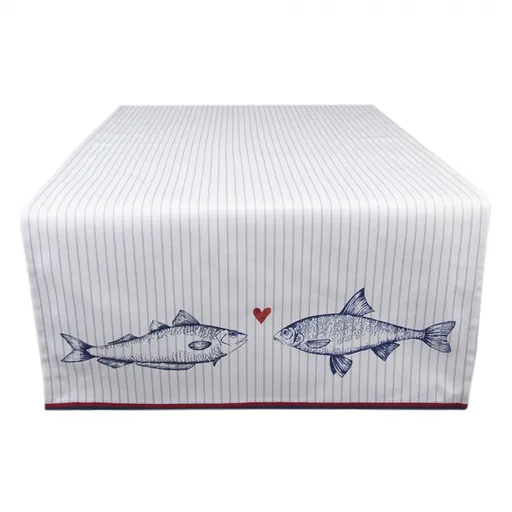 Modrobílý bavlněný běhoun na stůl Sun Sea And Fish - 50*140 cm SSF64