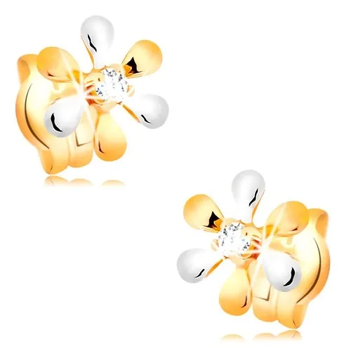 Náušnice ze 14K zlata - kvítek s dvoubarevnými lupínky a briliantem