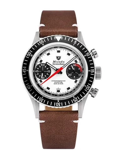Nivada Grenchen Chronomaster Singer Newman - Inter. Bezel - Manual - Brown Leather White Stitching