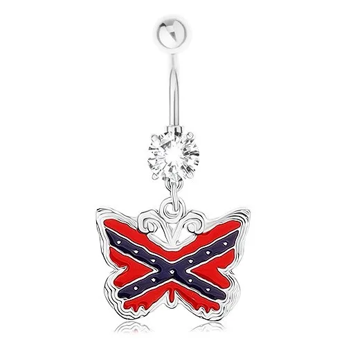 Piercing do pupíku, ocel 316L, motýl, motiv americké jižanské vlajky