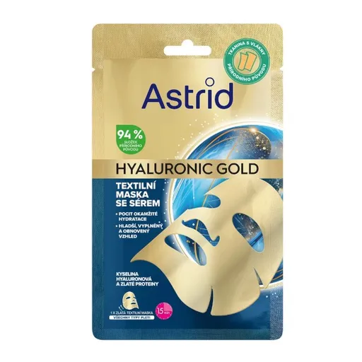 Astrid Textilní maska se zlatými proteiny pro hladší vzhled a obnovu objemu pleti Hyaluronic Gold