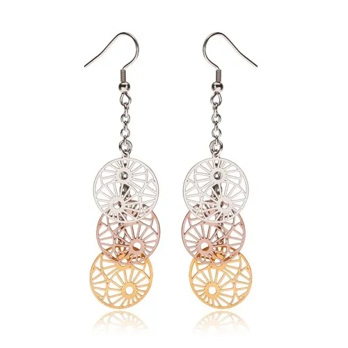 Visací trojbarevné náušnice z oceli - vyřezávané kruhy