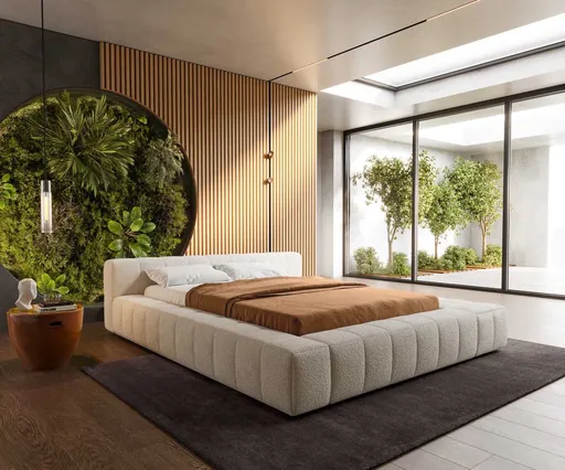 Čalouněná postel Espazio 140x200 cm bouclé krémovo-bílá