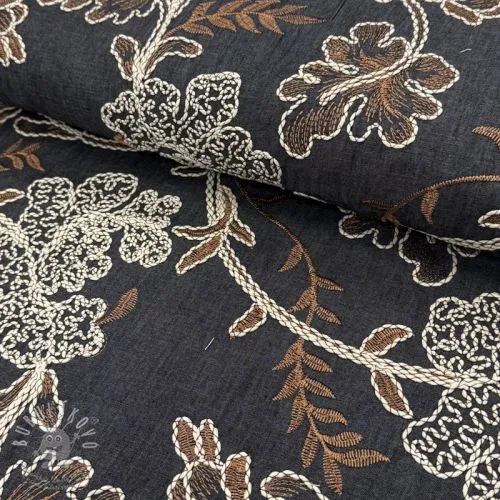 Bavlněná látka JEANS Embroidery leaves black