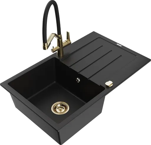 MEXEN/S Bruno granitový dřez s odkapávačem včetně baterie Duo, černá 6513-77-671701-57-G