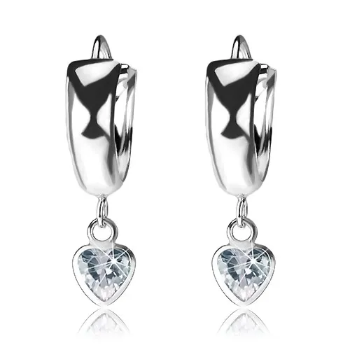 Kloubové náušnice ze stříbra 925, lesklé vypouklé kruhy, visící zirkonové srdce