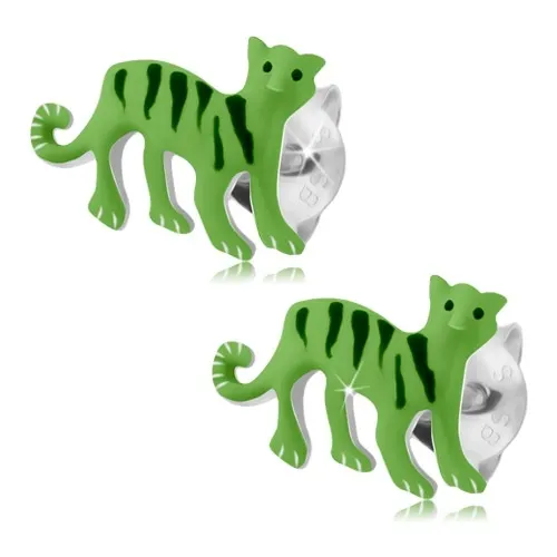 Náušnice ze stříbra 925, tygr světle zelené barvy s černými proužky