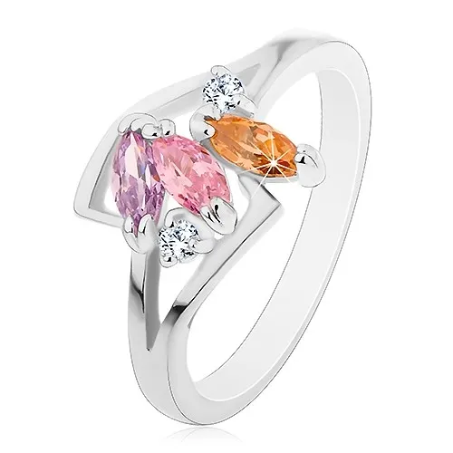 Prsten stříbrné barvy, tři barevná broušená zrnka, lesklá rozdělená ramena - Velikost: 59