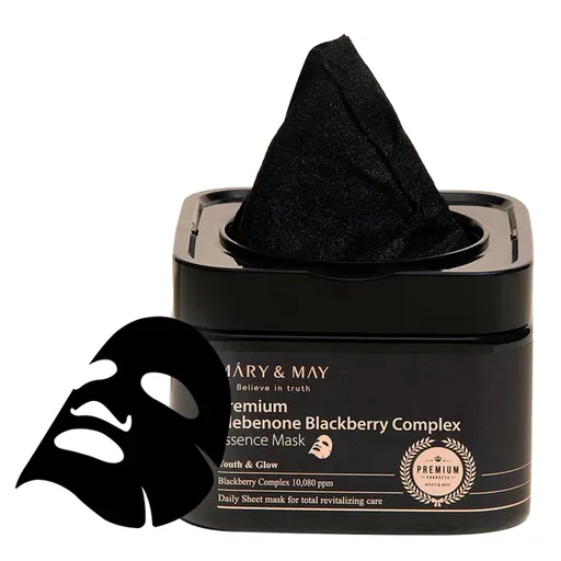 MARY & MAY Víceúčelová pleťová maska Premium Idebenone Blackberry Complex (Essence Mask) 20 ks