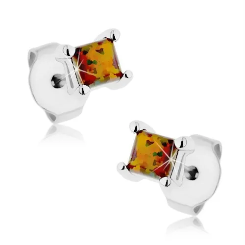 Náušnice z oceli 316L, čtvercový syntetický opál oranžové a zelené barvy, 3 mm