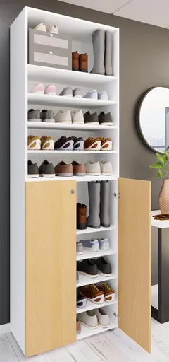 VCM Botník Lona 2XL s 10 přihrádkami, otočné dveře + police, bílá