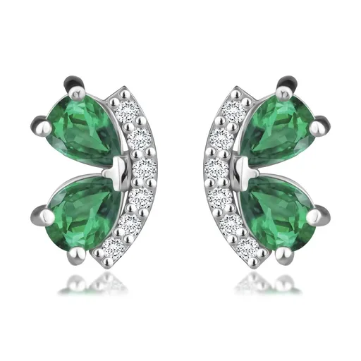 Náušnice z bílého 14K zlata - oblouk se zirkony, zelené kamínky, slzičky