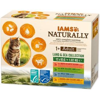 IAMS Naturally pro dospělé kočky s jehněčím, tuňákovým, lososovým a kuřecím masem v omáčce 12 × 85 g (8710255161792)