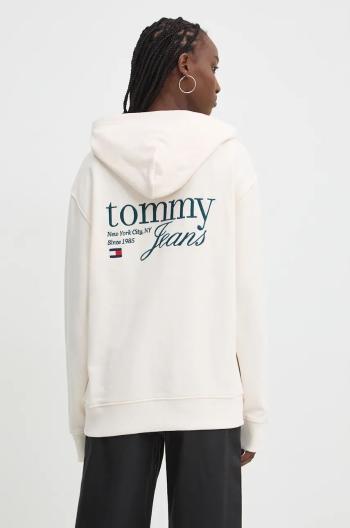 Bavlněná mikina Tommy Jeans dámská, béžová barva, s kapucí, s aplikací, DW0DW18760