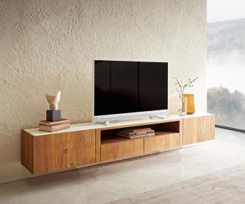 TV stolek Secara 220 cm akácie přírodní 2 dvířka 2 zásuvky