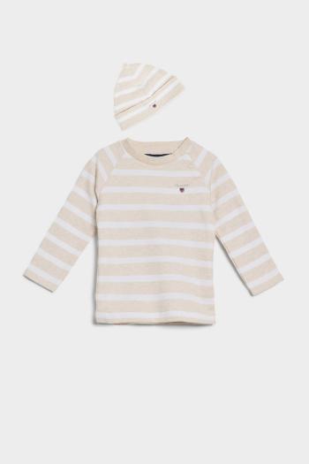 DĚTSKÝ SET GANT STRIPED TOP AND BEANIE LIGHT BEIGE MELANGE