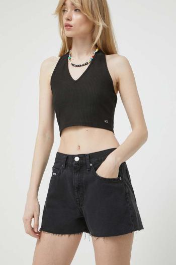 Džínové šortky Tommy Jeans dámské, černá barva, hladké, high waist