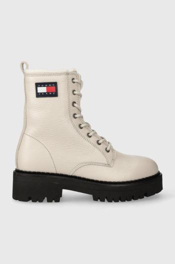 Kožené workery Tommy Jeans TJW URBAN BOOT TUMBLED LTR WL dámské, béžová barva, na plochém podpatku, zateplené, EN0EN02317