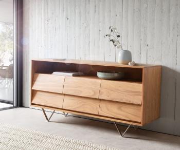 Komoda Eloi 145x40 cm přírodní akácie 6 zásuvek podnož ve tvaru