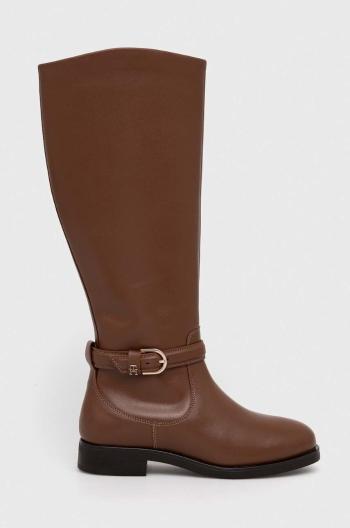 Kožené kozačky Tommy Hilfiger ELEVATED ESSENT THERMO LONGBOOT dámské, hnědá barva, na plochém podpatku, FW0FW07484