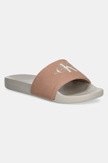 Pantofle Calvin Klein Jeans SLIDE MONOGRAM WMNS dámské, béžová barva, YW0YW01835