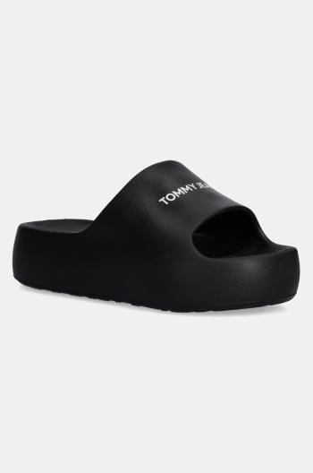 Pantofle Tommy Jeans TJW FLATFORM POOL SLIDE ESS dámské, černá barva, na platformě, EN0EN02763