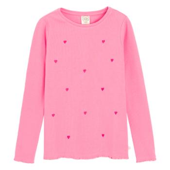 Žebrované tričko s dlouhým rukávem se srdíčky -růžové - 152 PINK