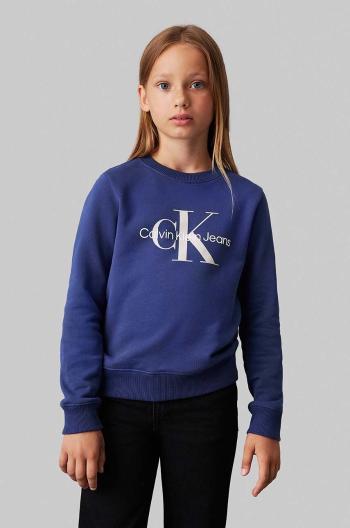 Dětská bavlněná mikina Calvin Klein Jeans modrá barva, s potiskem, IU0IU00675