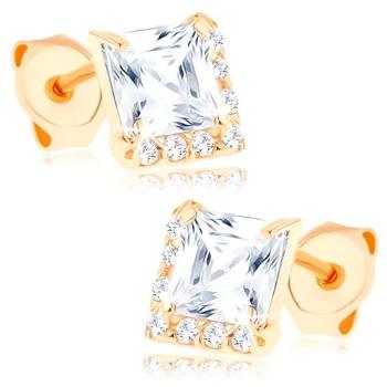 Zlaté náušnice 14K štvorcového tvaru s lemovaním z čírych zirkónov