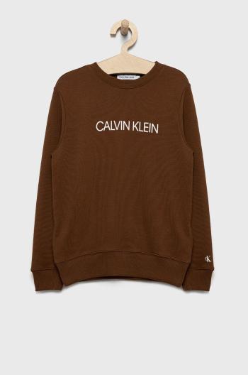 Dětská bavlněná mikina Calvin Klein Jeans hnědá barva, s potiskem