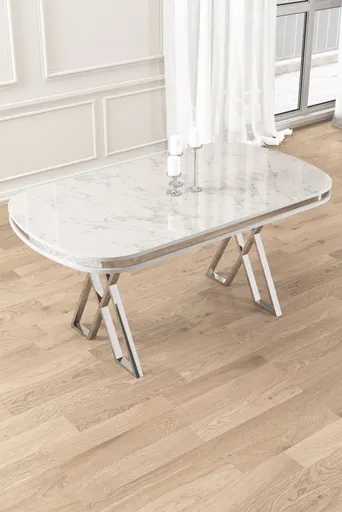 Jídelní stůl Zae - White Marble, Chrome