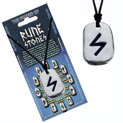 Šňůrka na krk a kovový přívěsek - černý runový znak Sowulo