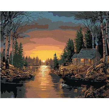 Zuty - Malování podle čísel - ZÁPAD SLUNCE A CHATA V LESE U JEZERA (NORTHERN PROMOTIONS), 80x100 cm, (HRAmmb04271nad)