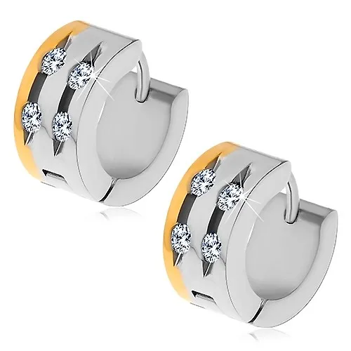 Ocelové náušnice - dvoubarevné, čtyři čiré zirkony v zářezech