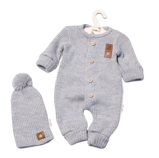 Baby Nellys 2D Pletený overálek STAR + čepice Hand Made, šeda, vel. 80/86