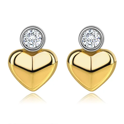 Puzetové náušnice ze 14K zlata - srdce, zkosená ramena, zirkon