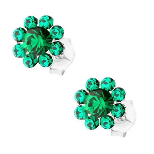 Stříbrné náušnice 925, tmavě zelený třpytivý kvítek, krystaly Preciosa