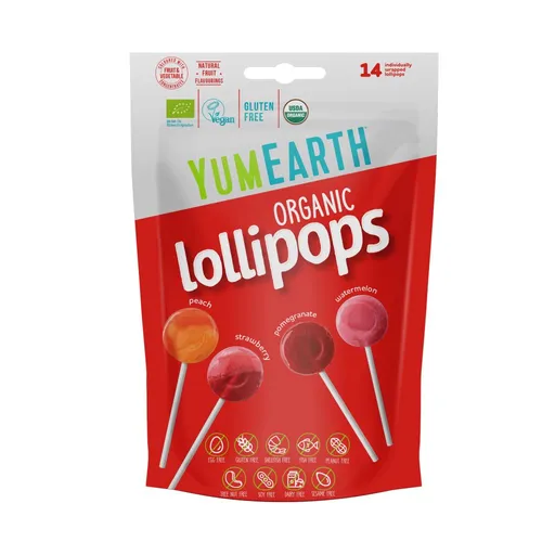 YumEarth BIO Ovocná lízátka s příchutí melounu, jahody, broskve a granátového jablka 14 ks 85 g