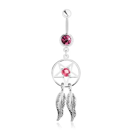Piercing do pupíku z oceli 316L, lapač snů, pentagram, fuchsiový a růžový zirkon