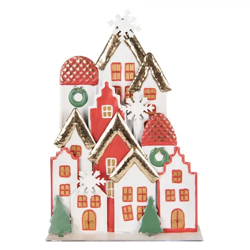 Bílo-červená kovová dekorace  domky se sněhovými vločkami - 30*8*46 cm 6Y5863