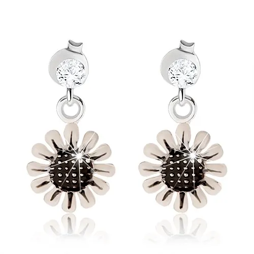 Stříbrné náušnice 925, květ s černým středem a bílými lupínky, zirkon