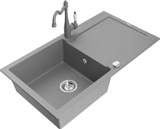 MEXEN/S Leo granitový dřez 1-miska s odkapávačem včetně baterie Carla, šedá 6501-71-670700-71