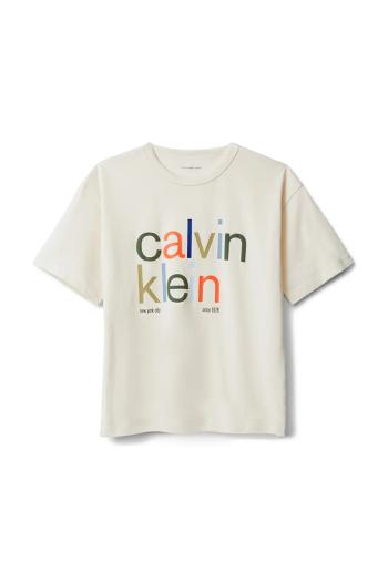 Detské bavlnené tričko Calvin Klein Jeans béžová farba, s potlačou, IB0IB02578