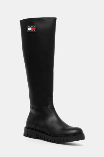 Kozačky Tommy Jeans TJW LONG SHAFT BOOT dámské, černá barva, na plochém podpatku, EN0EN02627